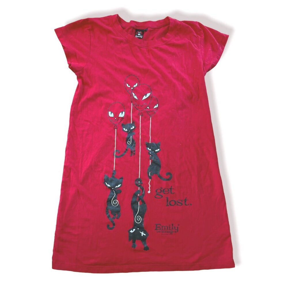 EMILY THE STRANGE Vintage Y2K Red Balloon Cats T-Shirt Dress Hot Topic Punk